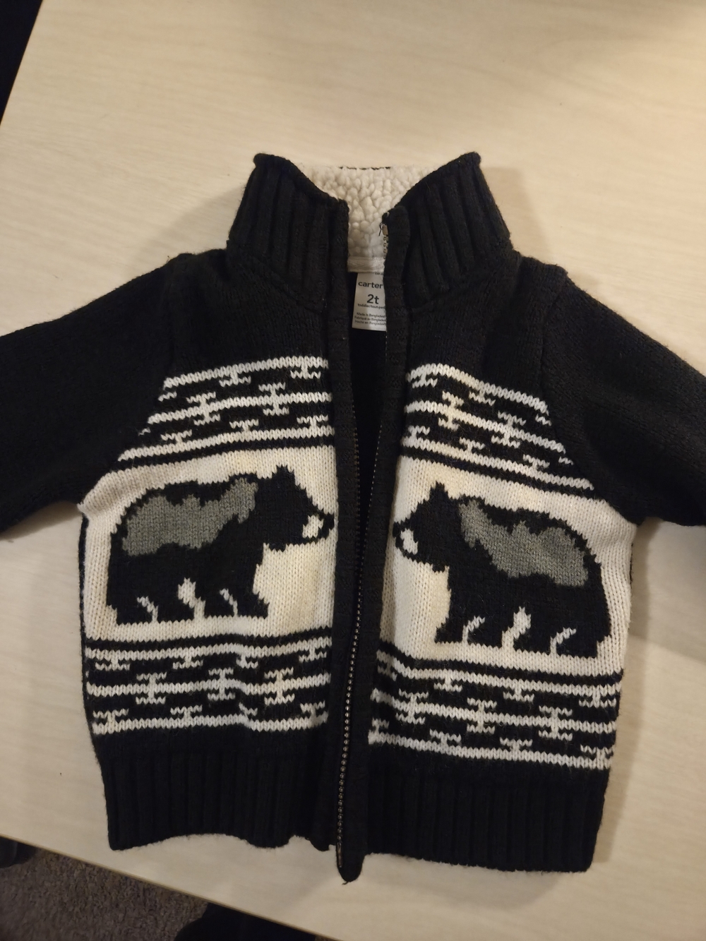 Carter's Black Knit Zip-Up Cardigan with Bear Motif - Cream & Gray Accents
